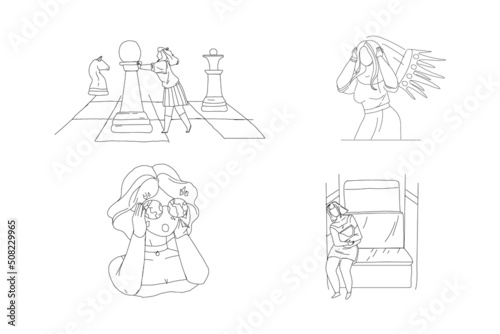 Tired unhappy sad woman sleeping, having problem, moving chess piece outline vector scene set. Depressed, lonely, anxious, abused teenager concept