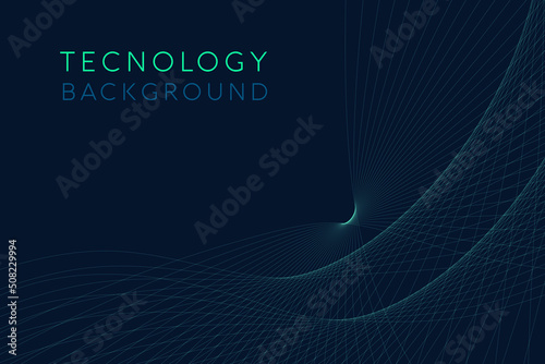 Diseño de fondo o portada de tecnología con olas lineales abstractas en color cían con un fondo color azul obscuro  