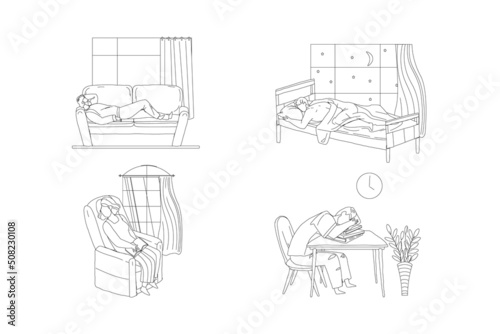 Tired people resting sleeping in bed, on sofa couch, in armchair, on table outline vector scene set. Man woman falling asleep at home or in office illustration