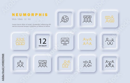 Infographic set icon. Review, feedback, teamwork, team building, correspondence, arrows, work for PC, office. Data analysis concept. Neomorphism style. Vector line icon for Business and Advertising