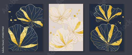 Set of abstract floral wall art template. Elegant line art, lotus flowers, leaves, foliage on white background. Collection of luxury wall decoration perfect for decorative, interior, prints, banner.
