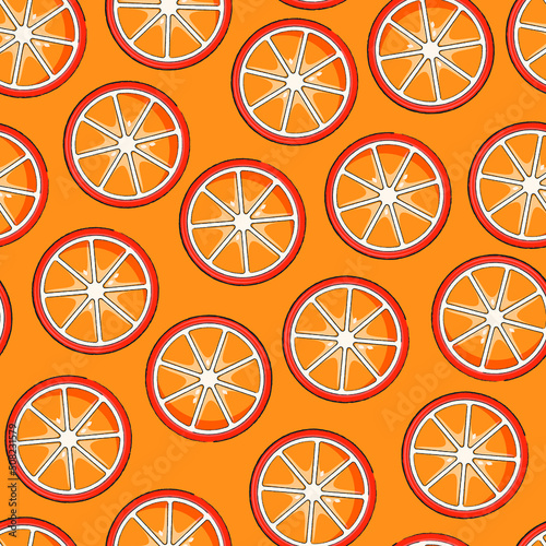 Seamless orange pattern. Juicy citrus slices isolated on orange background. Summer fruit illustration for wallpaper, fabric, wrapping paper, packaging design. Bright vector art