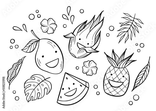 Cute outline illustrations of tropical fruits, flowers, and leaves.