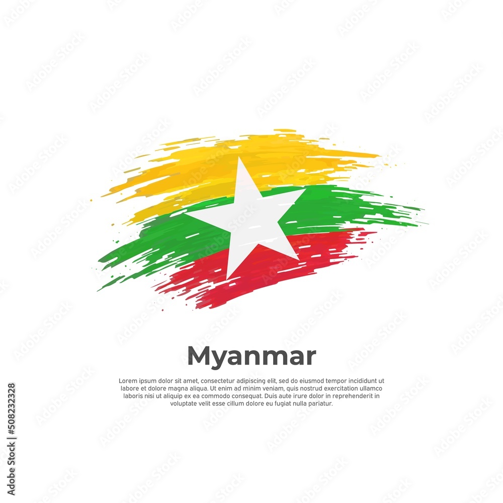 Obraz premium Myanmar flag. Brush strokes. Brush painted myanmar flag on a white background. Vector design national poster, template. Place for text. State patriotic banner, cover. Copy space