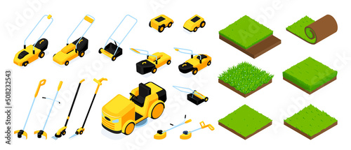Isometric Grass Lawn Mower Set