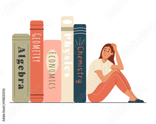 Sad tired student girl looks at pile of study books with fear. Panic before test exam at school, college, university. Flat vector illustration isolated on white background