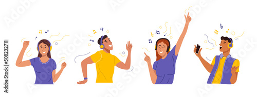 Happy people listen to music with headphones and dance. Guys and girls in earphones rejoice and sing along to songs. Cartoon characters set vector illustration