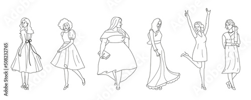 Stylish young women wearing prom dresses set. Girls in evening outfits in line sketch style. Female graduation party apparel. Outline vector illustration isolated on white background