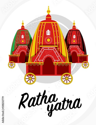 Ratha yatra festival A chariot with wooden deities of Jagannath, Baladeva and Subhadra. Holiday banner greeting card Vector illustration