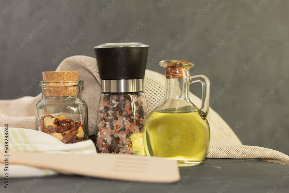 Dry spices and oil on the table Dry spices and oil on the table