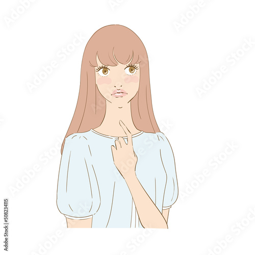 を指差す困り顔の美しい女性