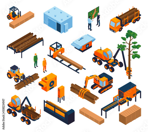 Isometric Sawmill Lumberjack Set