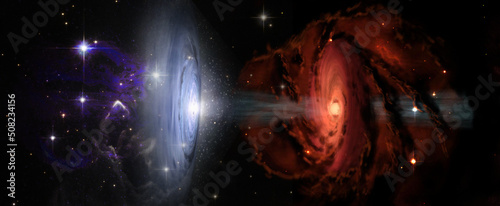 Fotografia The struggle of opposites, two galaxies black holes hot and cold, red and blue in space
