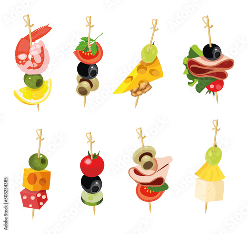 Set of canapes with different fillings in cartoon style. Vector illustration of delicious and appetizing homemade canape different species. photo