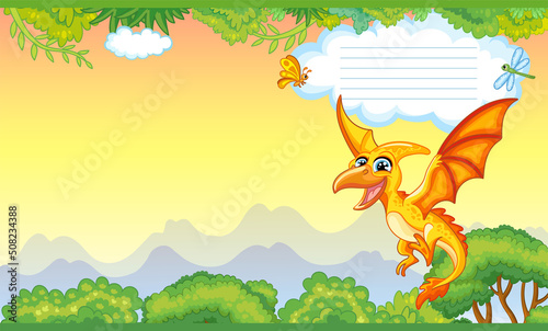 Cover for notebook with cute dinosaur yellow pterodactyl vector © alinart