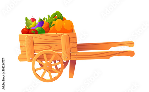 Wooden farm cart with fruits and vegetables isolated on white background. Harvest Festival. Fresh Organic Products from Local Farmers Market. Vector Cute Illustration in cartoon style.