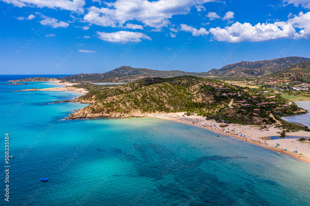 Panorama of the wonderful beaches of Chia, Sardinia, Italy. View of beautiful Chia bay and wonderful beaches, Sardinia island, Italy. Beautiful sea and bay on Su Guideu beach, Sardinia island, Italy