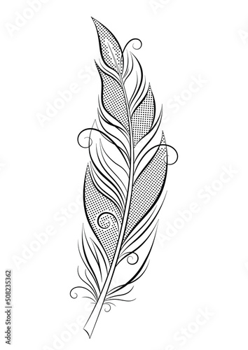 Bird feather with halftone pattern. Vector illustration. Feather line art