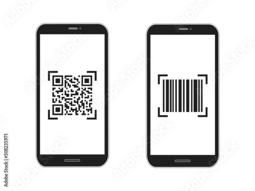 Smartphone with scan QR code and barcode set. Realistic black phone scanning bar code. Vector isolated on white.
