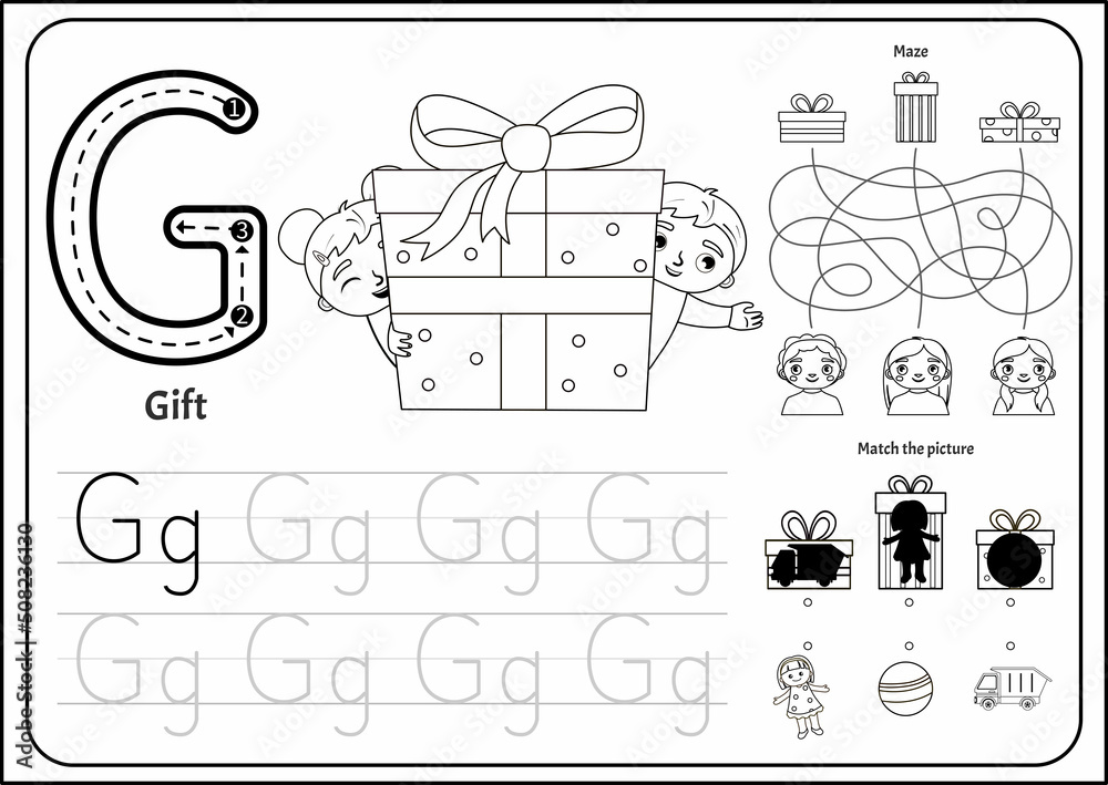Handwriting practice outline sheet. Basic writing. Educational game for children. Worksheet for learning alphabet. Letter G. Illustration of cute boy and girl hiding behind a big gift
