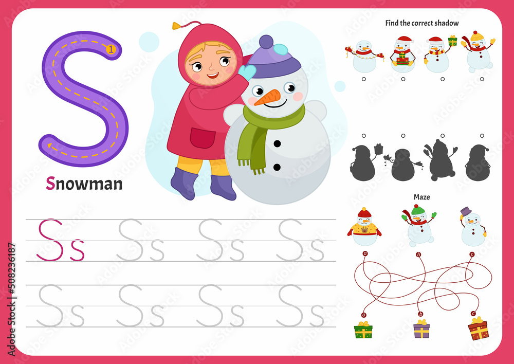 Handwriting practice sheet. Basic writing. Educational game for children. Worksheet for learning alphabet. Letter S. Illustration of cute girl with snowman.
Handwriting practice sheet. Basic writing. Educational game for children. Worksheet for learning alphabet. Letter S. Illustration of cute girl with snowman.