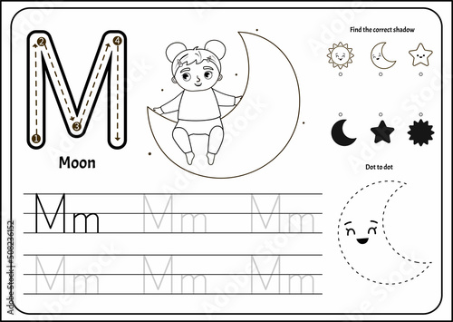 Handwriting practice outline sheet. Basic writing. Educational game for children. Worksheet for learning alphabet. Letter M. Illustration of cute girl sitting on the moon.
