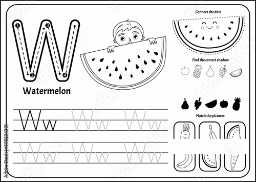 Handwriting practice outline sheet. Basic writing. Educational game for children. Worksheet for learning alphabet. Letter W. Illustration of a cute boy hid behind a large piece of watermelon.
