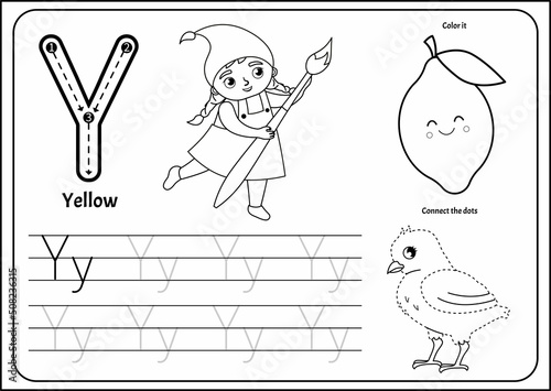 Handwriting practice outline sheet.  Educational game for children. Worksheet for learning alphabet. Letter Y. Illustration of a  cute girl in yellow clothes holds a brush in her hands.
