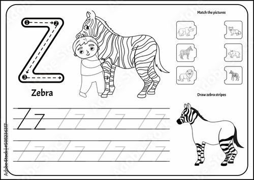 Handwriting practice outline sheet. Basic writing. Educational game for children. Worksheet for learning alphabet. Letter Z. Illustration of a cute boy hugging zebra.
