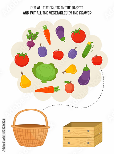 Sorting children educational game. Activity for presсhool years kids and toddlers. Put all the fruits in the basket and all the vegetables in the box.
