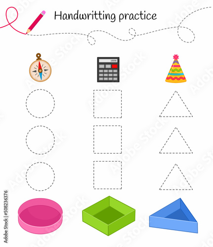 Handwriting practice sheet. Basic writing. Educational game for children.  The study of basic geometric shapes.
