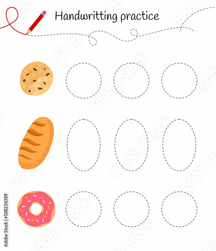 Handwriting practice sheet. Basic writing. Educational game for children.  The study of basic geometric shapes.
