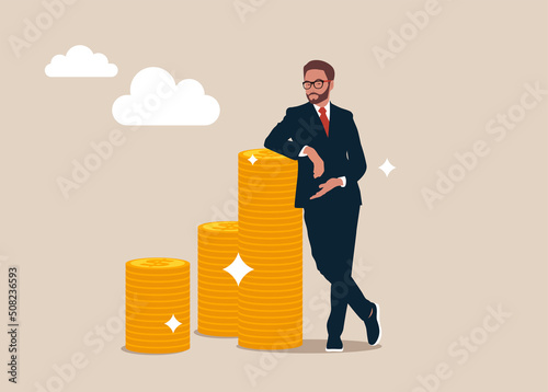 Businessman standing with crossed legs and leaning on pile of coins, vector businessman character illustration.