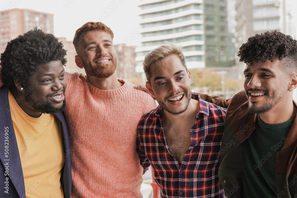 Group of young diverse men having fun together in the city Group of young diverse men having fun together in the city