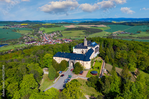 Top view of medieval castle Zbiroh. Czech Republic. Picturesque landscape with imposing medieval Zbiroh Castle in Rokycany district, Pilsen Region, Czechia. photo