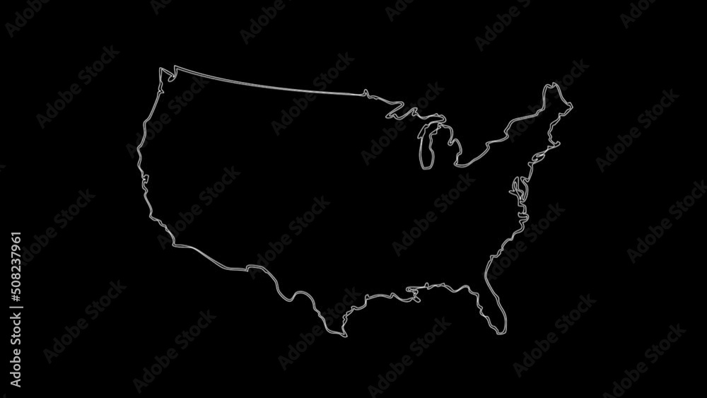 Map of State United States of America, us outline, white glowing outline, Animated close up map of US 