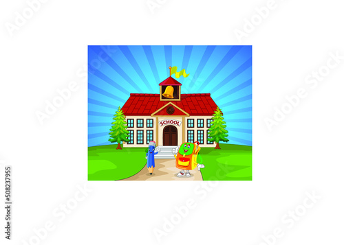 cute cartoon pencil and backpack coming from school