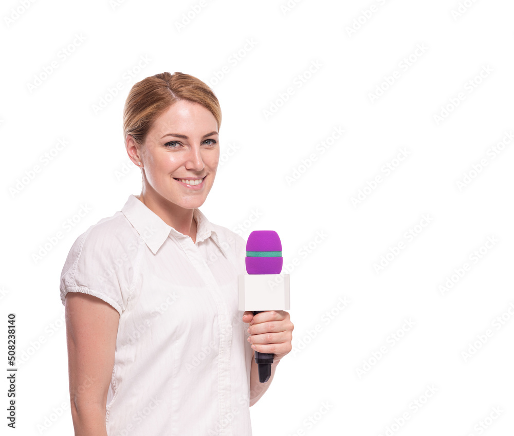 Reporter or TV presenter with a microphone on a white background.