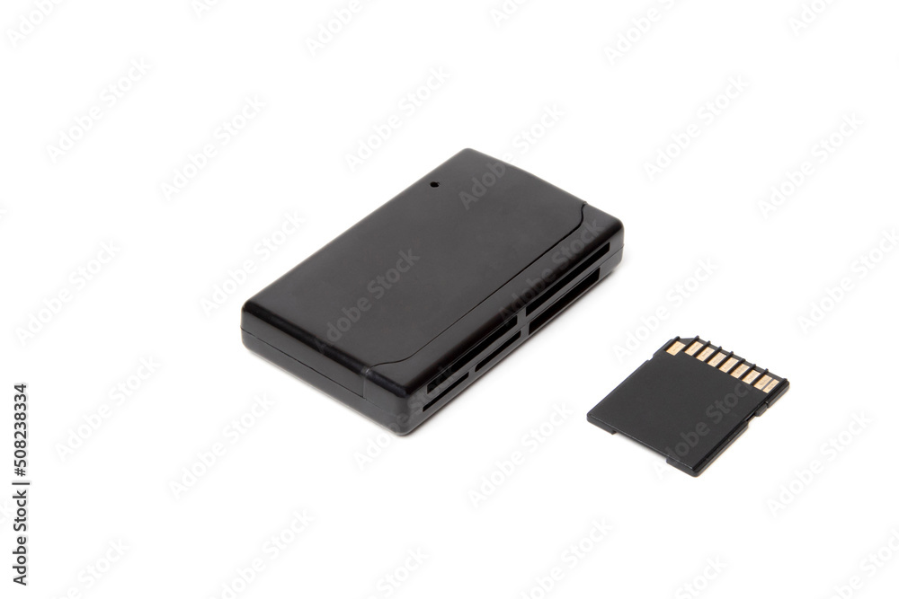Top view, the adapter, the card reader is rectangular, black for all types of flash cards and storage devices. With a black flash card nearby. For transferring data from mini cd. On a white isolated
Top view, the adapter, the card reader is rectangular, black for all types of flash cards and storage devices. With a black flash card nearby. For transferring data from mini cd. On a white isolated