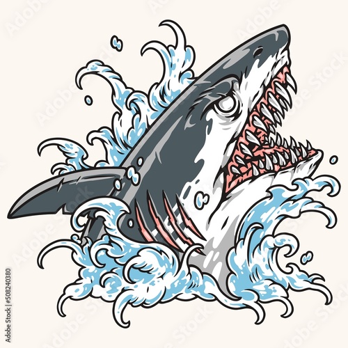 Scary shark vintage colorful element