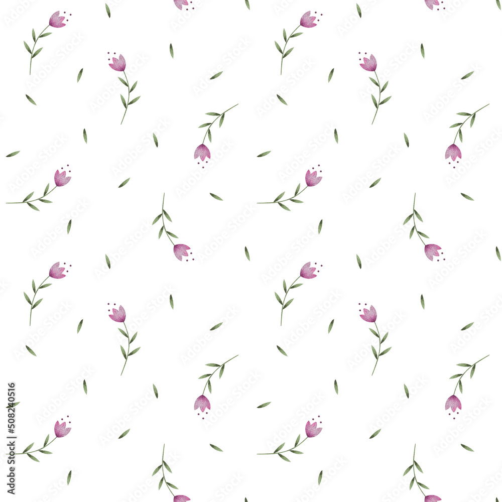 Hand drawn seamless pattern with pink simple flowers and leaves on white background. Watercolor botanical design for postcards, fabrics, textile in cartoon stile