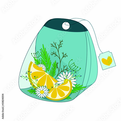 Healthy lemon tea bag with chamomile and various medicinal herbs