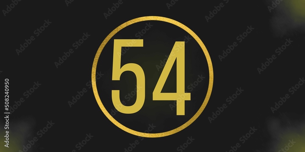 Number 54. Banner with the number fifty four on a black background and gold details with a circle gold in the middle Number 54. Banner with the number fifty four on a black background and gold details with a circle gold in the middle