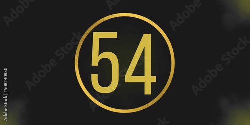 Number 54. Banner with the number fifty four on a black background and gold details with a circle gold in the middle photo