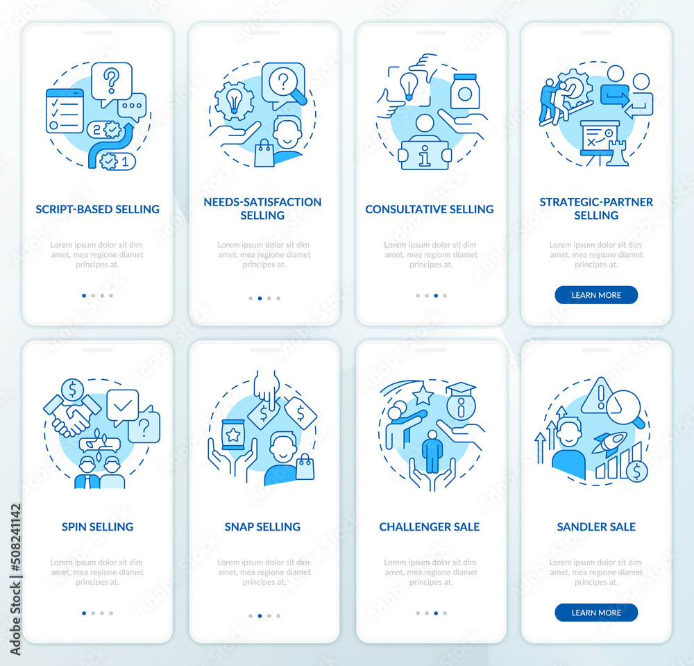Sell strategies and techniques blue onboarding mobile app screen set. Walkthrough 4 steps editable graphic instructions with linear concepts. UI, UX, GUI template. Myriad Pro-Bold, Regular fonts used
