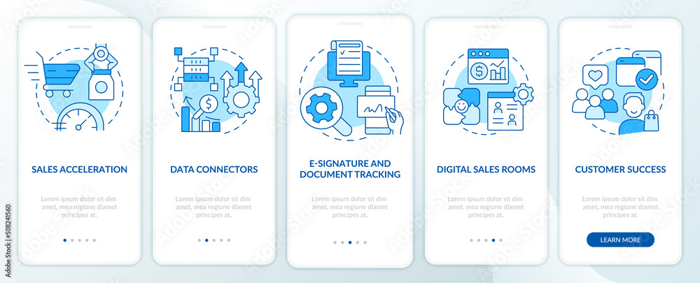 Sales tools blue onboarding mobile app screen. Marketing tendencies walkthrough 5 steps editable graphic instructions with linear concepts. UI, UX, GUI template. Myriad Pro-Bold, Regular fonts used