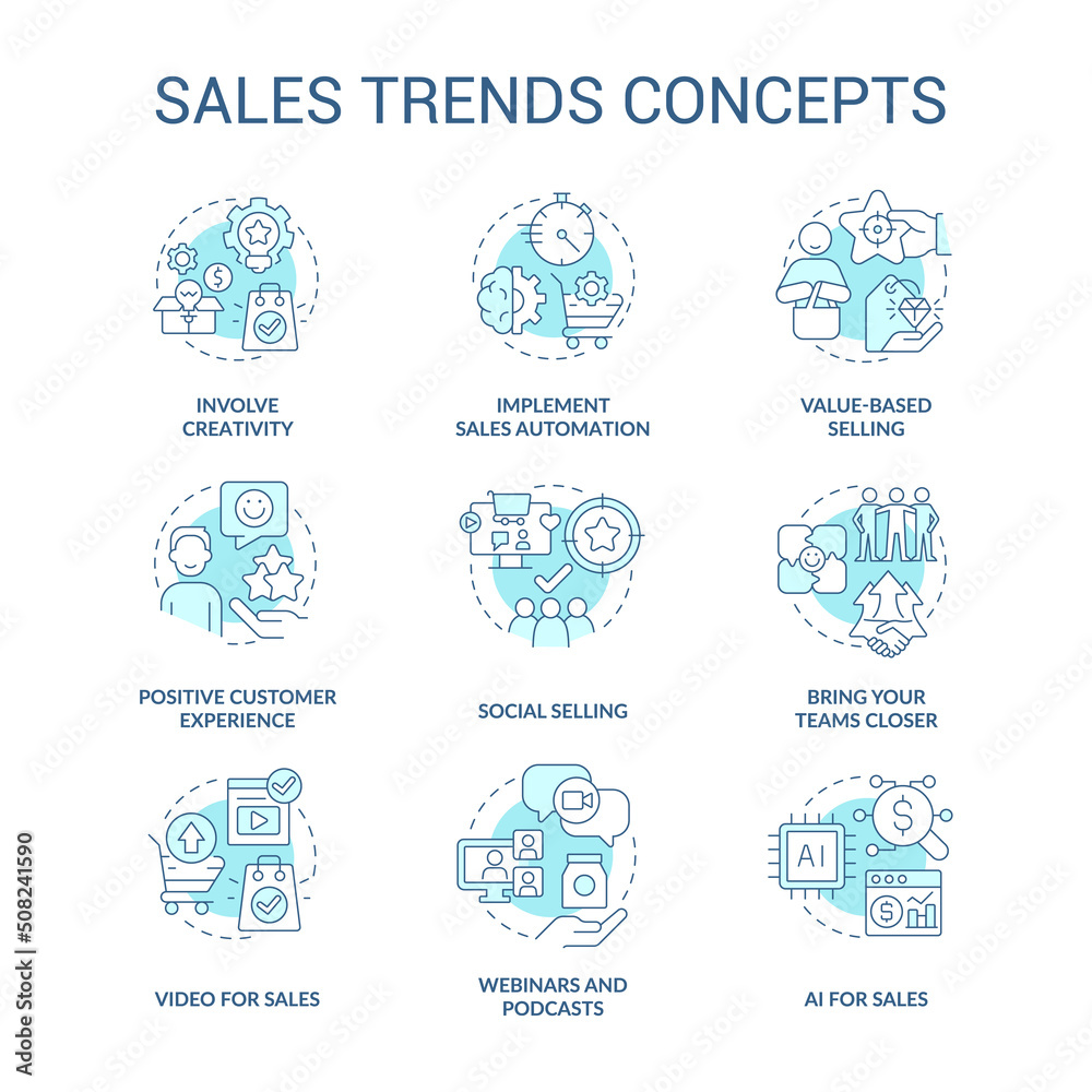 Sales trends turquoise concept icons set. Ecommerce industry idea thin line color illustrations. Customer experience. Isolated symbols. Editable stroke. Roboto-Medium, Myriad Pro-Bold fonts used