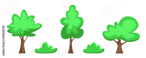 Set of illustrations of trees and bushes. Vector illustration in cartoon style