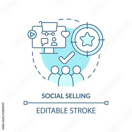 Social selling turquoise concept icon. Sales trend abstract idea thin line illustration. Target customers on social media. Isolated outline drawing. Editable stroke. Arial, Myriad Pro-Bold fonts used