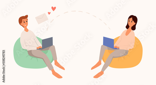 Man and woman chatting online on the laptop. Female and male character holding computer and sitting on bean bag. Couple young people sending love messages using social networks.